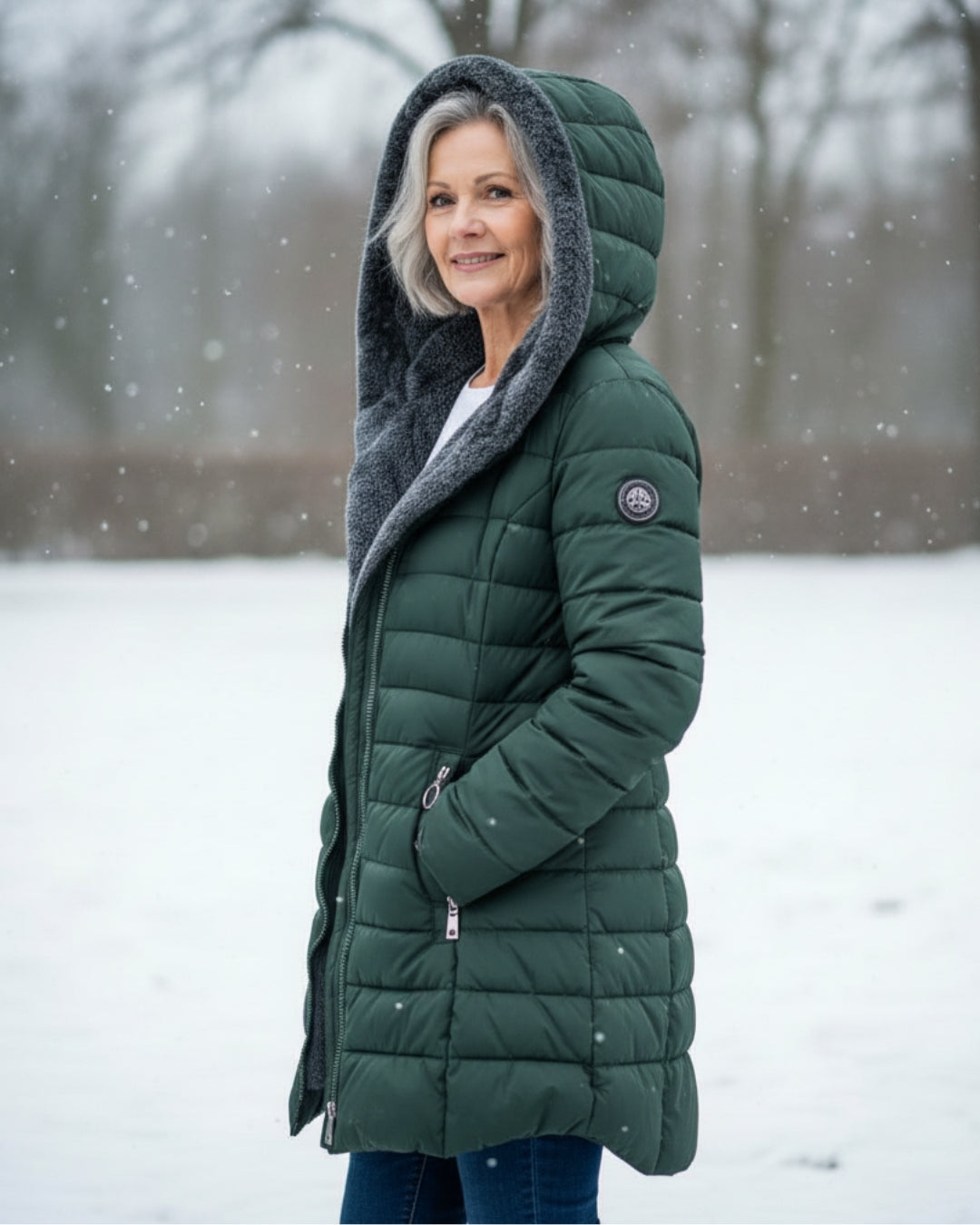 Manteau d'hiver élégant Olivia de Danoir Paris en vert foncé, coupe sophistiquée, pour femmes, vue de face.