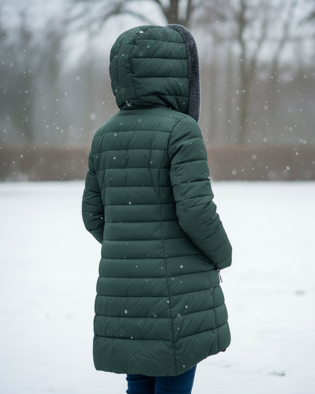 Manteau d'hiver élégant Olivia de Danoir Paris en vert foncé, coupe sophistiquée et tissu chaud pour femme.