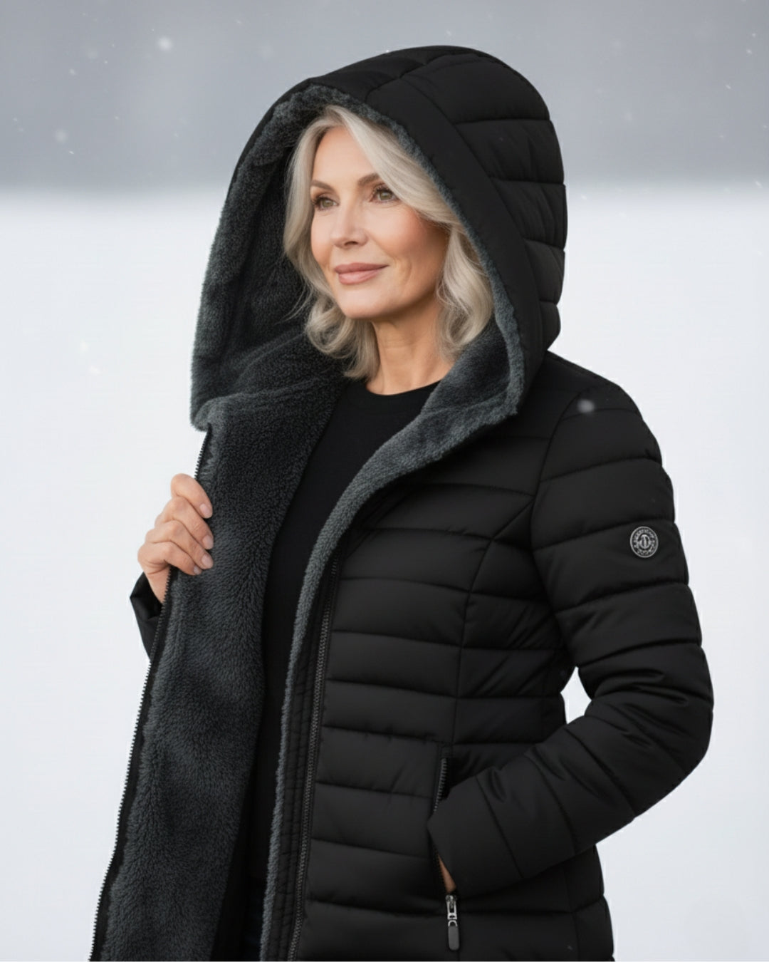 Manteau d'hiver élégant Olivia de Danoir Paris en vert foncé, style sophistiqué et chaud pour femmes.