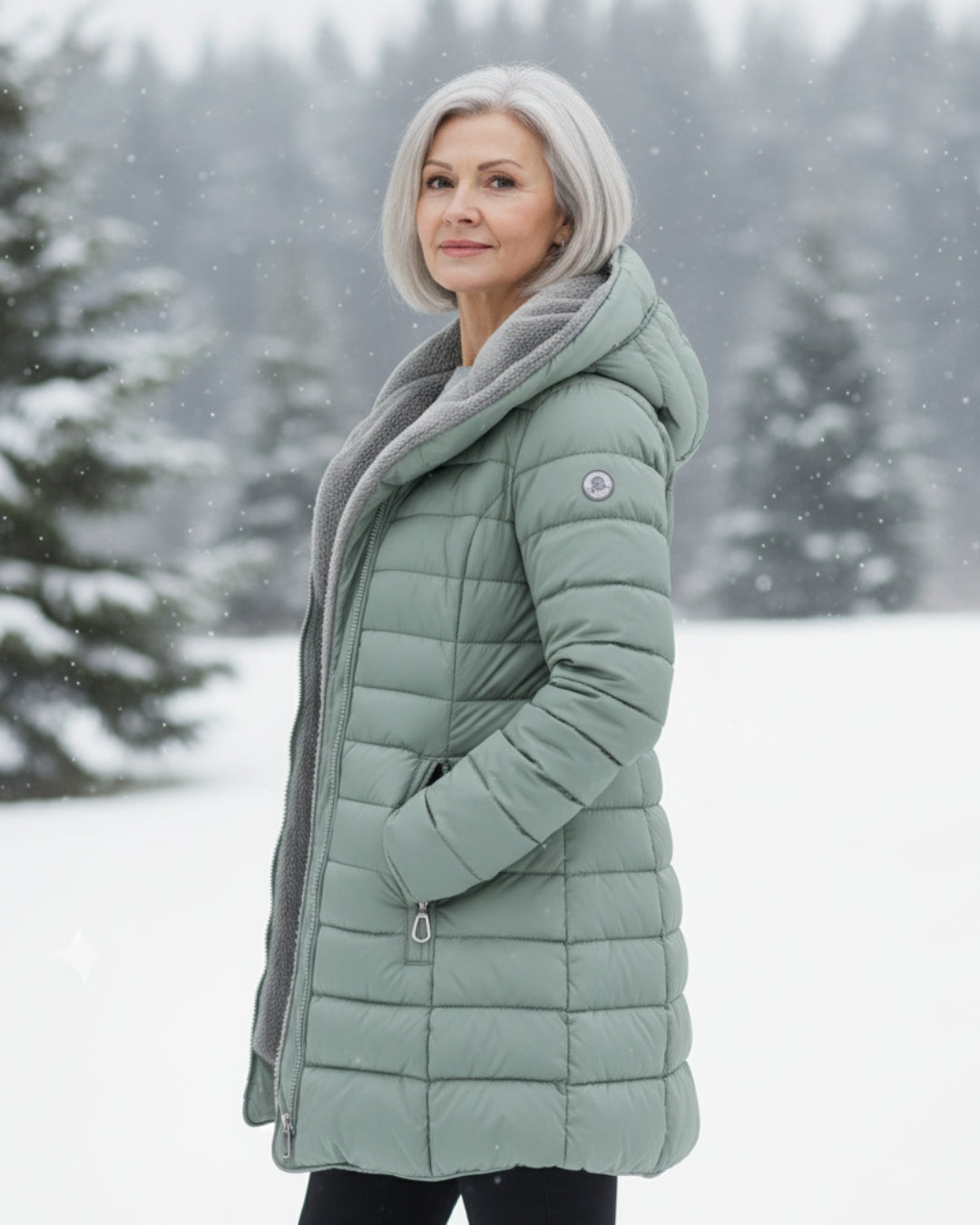 Manteau d'hiver élégant Olivia de Danoir Paris en vert foncé, finition sophistiquée, pour femme.
