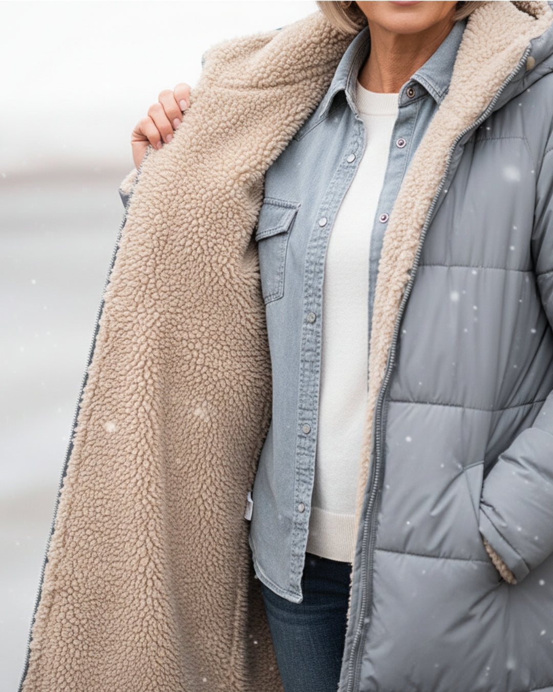 Manteau réversible élégant Eleanor de Danoir Paris, coupe sophistiquée, en tissu chic, porté en style décontracté et élégant.