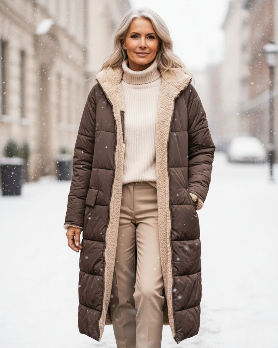 Manteau réversible élégant Danoir Paris Eleanor, veste chic avec doublure contrastée, porté sur une mannequin.