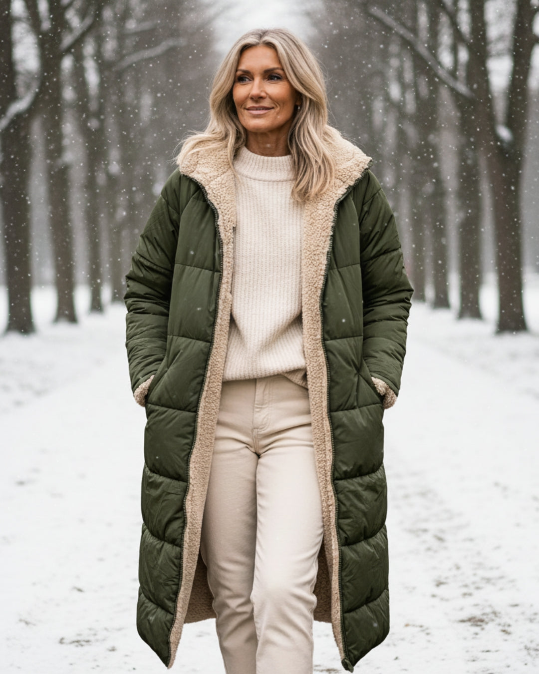 Manteau réversible élégant Eleanor de Danoir Paris, tissu chic noir et beige, porté sur mannequin.