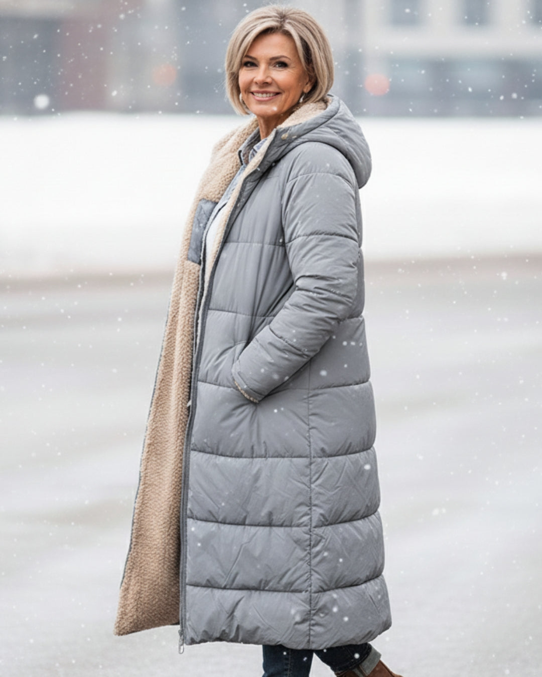 Manteau réversible élégant Danoir Paris Eleanor en vert olive, coupe sophistiquée, tissu chic, porté sur mannequin.