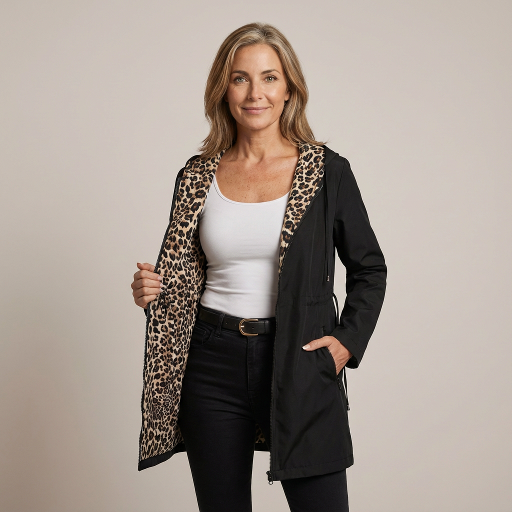 Manteau léopard élégant Danoir Paris Léa, coupe chic et tissu à motif léopard, porté sur une femme.