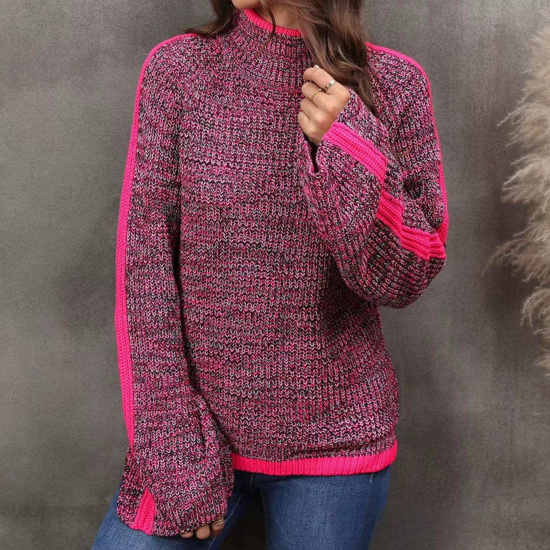 Pull patchwork chic Danoir Paris, modèle Diana FR1408, en tissu coloré et tendance, porté sur mannequin.