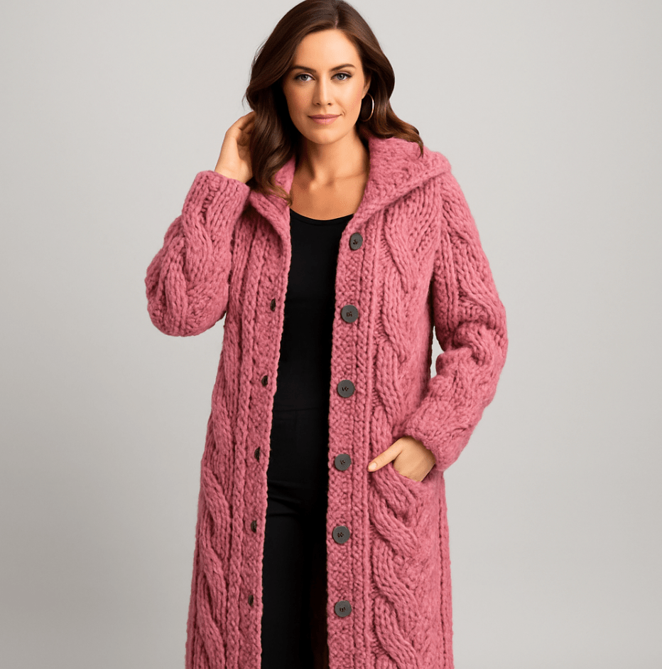 Manteau tricoté élégant Marylin de Danoir Paris, coupe sophistiquée, en laine douce, porté en extérieur avec col et manches longues.