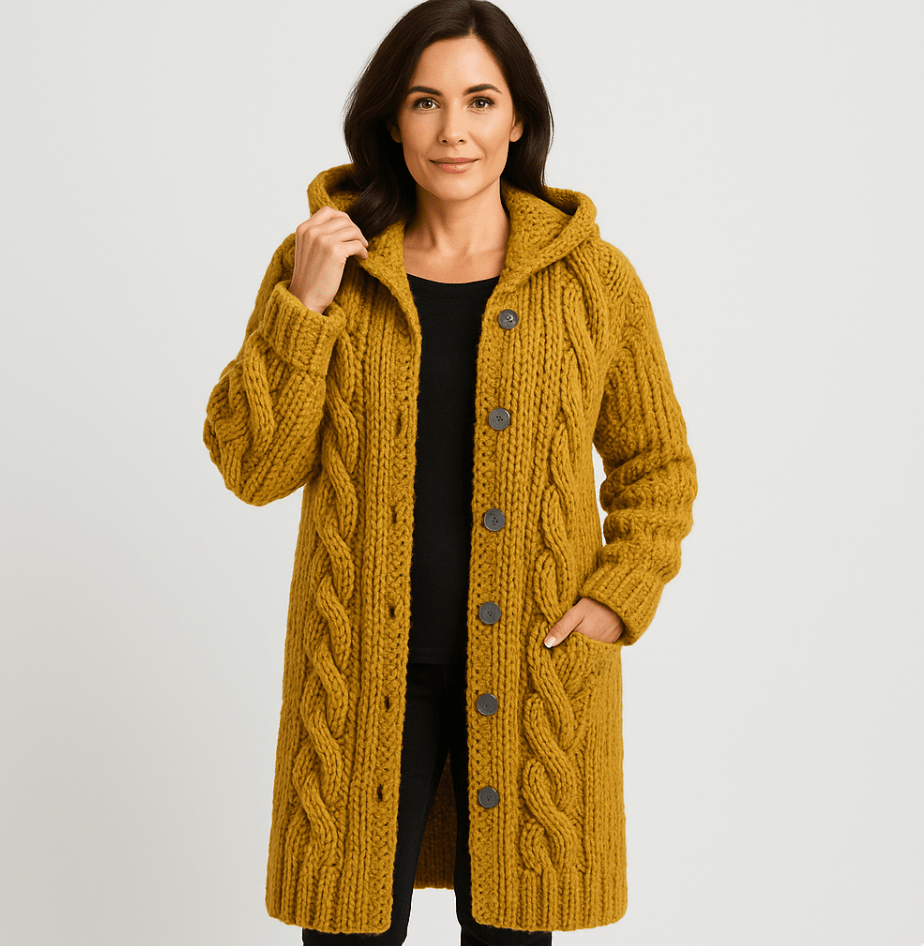 Manteau tricoté élégant Marylin de Danoir Paris, coupe sophistiquée, en laine douce, porté avec col et manches longues.