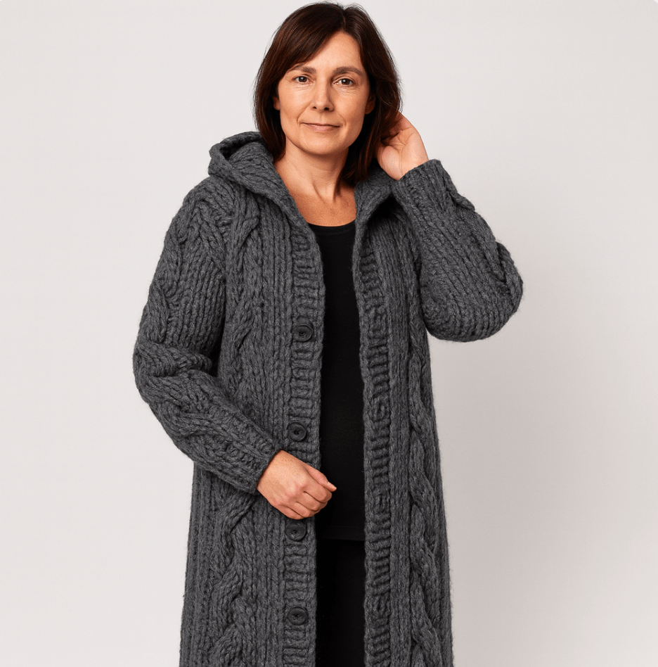 Manteau tricoté élégant Marylin de Danoir Paris, coupe cosy, couleur neutre, porté par un mannequin, détails du tissu visible