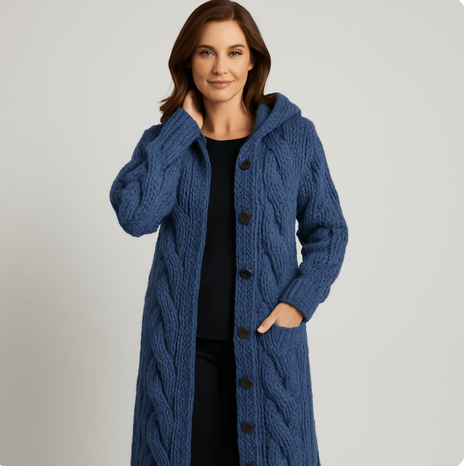 Manteau tricoté élégant Marylin de Danoir Paris, coupe sophistiquée, en laine douce, couleur neutre, porté sur mannequin.