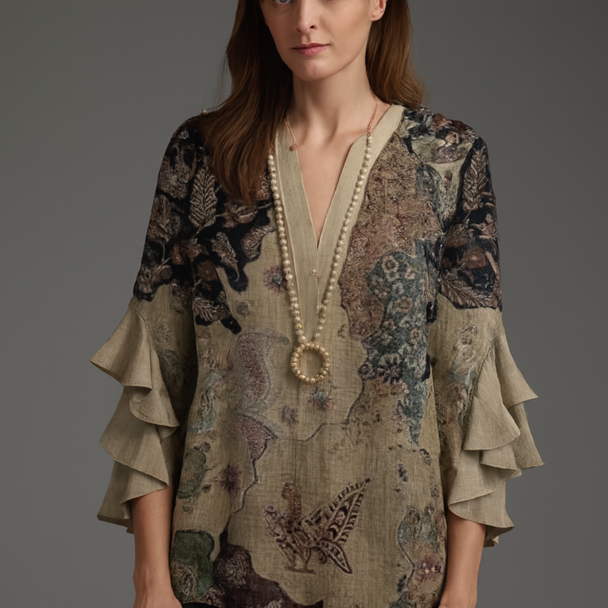 Blouse ample et féminine Iris de Danoir Paris portée par un modèle, style élégant avec détails en tissu fluide.