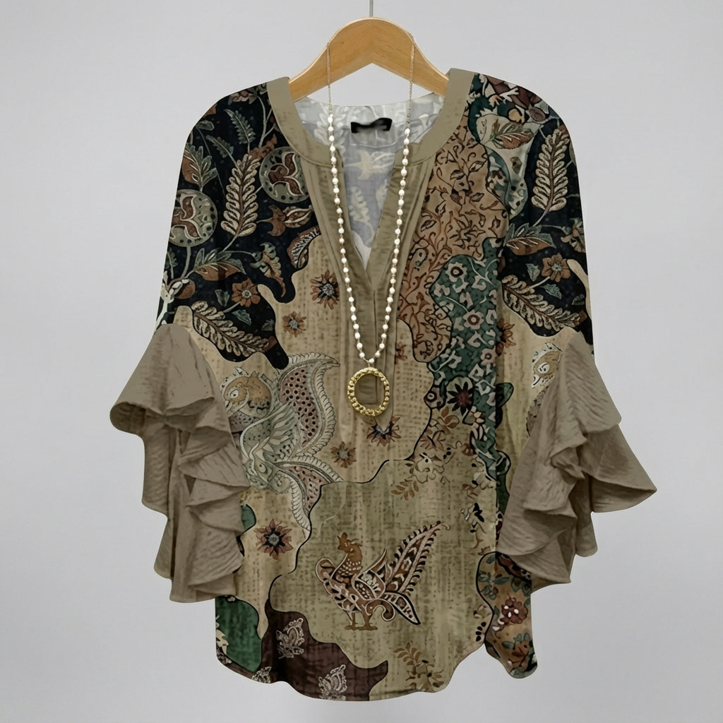 Blouse ample et féminine Iris de Danoir Paris avec détails élégants, portée dans un style sophistiqué.