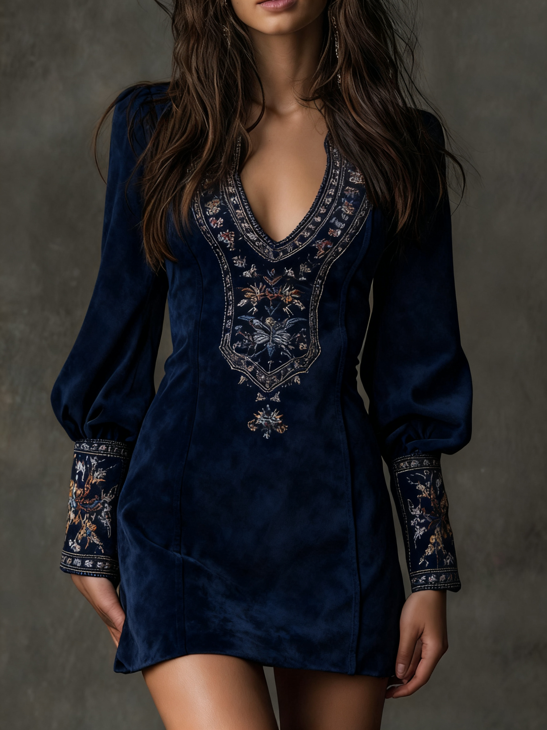 Robe mini vintage élégante de Danoir Paris, modèle FR1465, en tissu bleu marine avec détails sophistiqués.