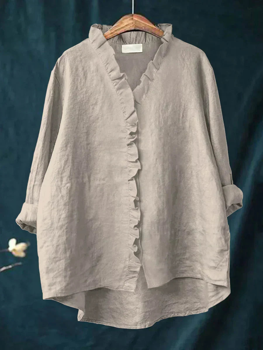 Blouse légère rouge Lily de Danoir Paris avec volants, manches longues et détails élégants, vue de face.
