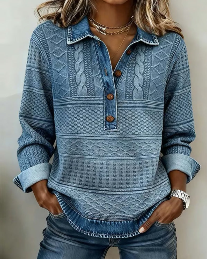 Pull décontracté en denim Sofia Danoir Paris, vue de face, avec détails du tissu et coupe moderne.