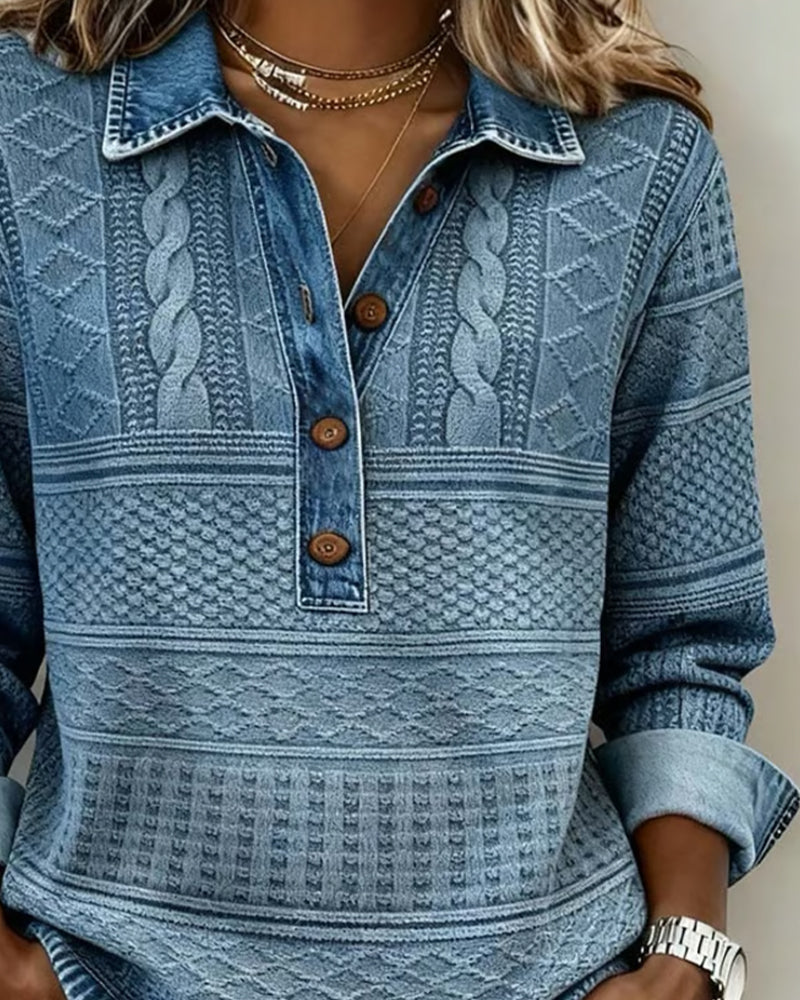 Pull décontracté en denim Sofia de Danoir Paris, vue de face avec col rond et manches longues.