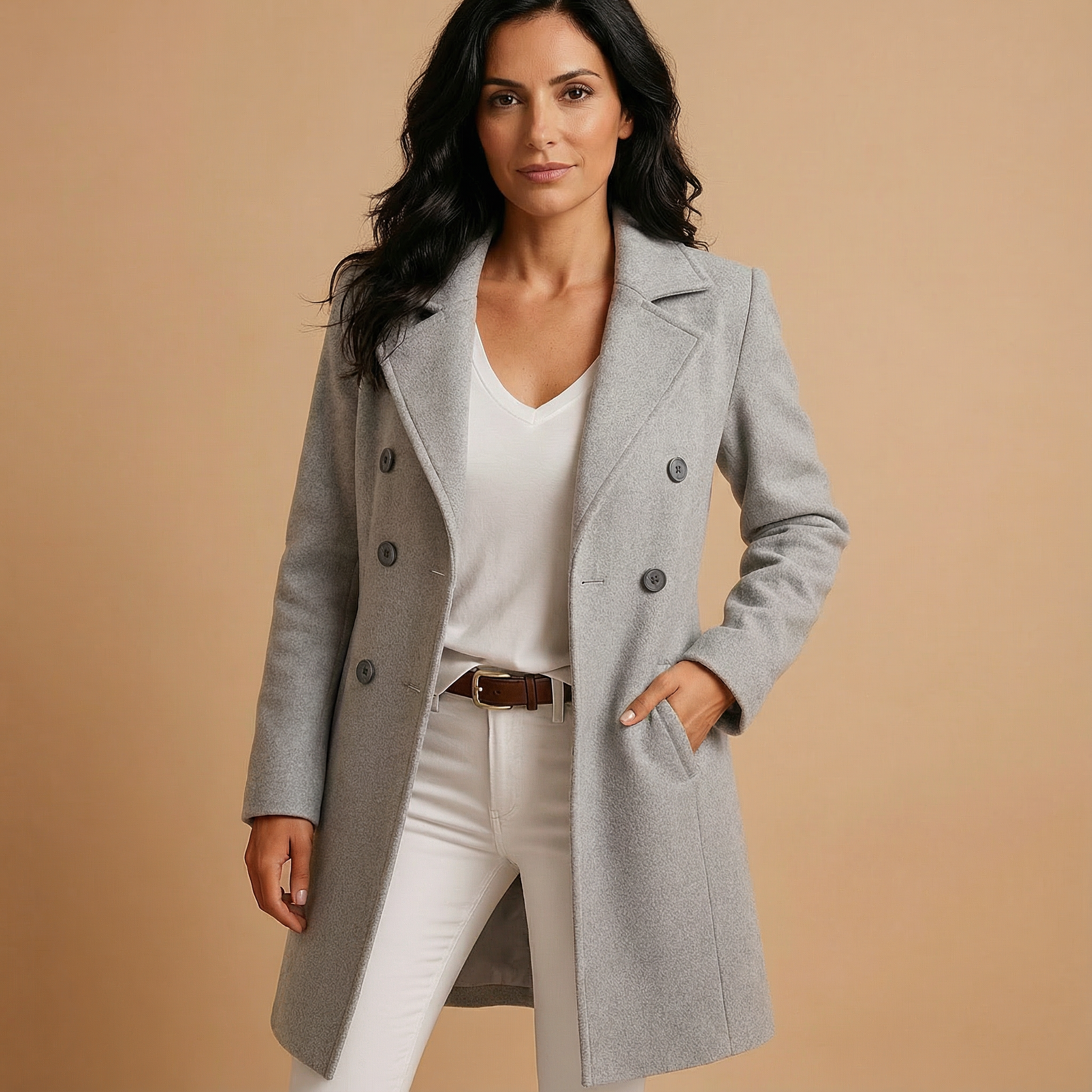 Manteau classique élégant Danoir Paris Lunori FR1481 en tissu texturé, porté sur mannequin avec col et poches sophistiqués.