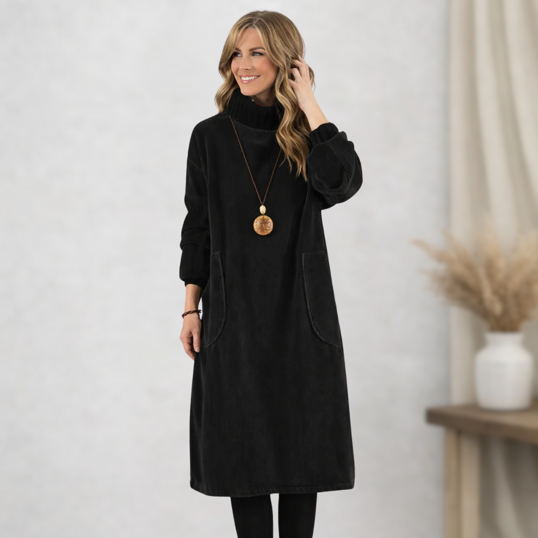 Robe midi élégante et confortable Jennie de Danoir Paris, tissu fluide et coupe sophistiquée, portée avec accessoires.