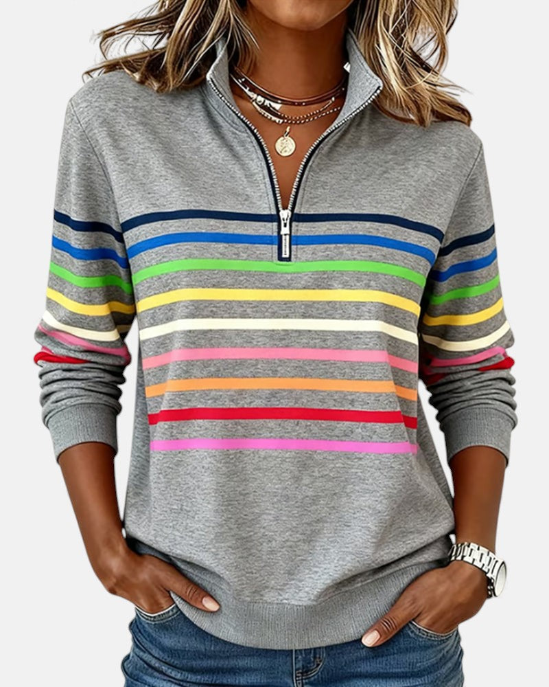 Pull Nina Danoir Paris à rayures confortables, avec col rond et manches longues, design moderne et élégant.