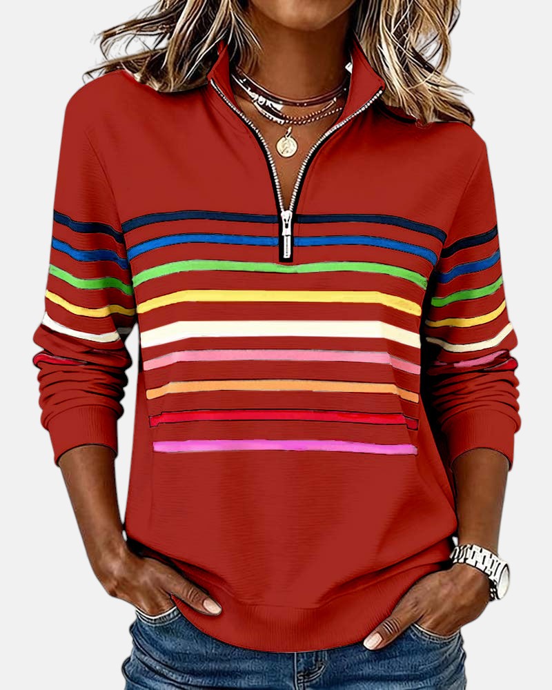 Pull Nina à rayures, confort Danoir Paris, en laine douce avec motifs rayés gris et blanc, porté sur un mannequin.