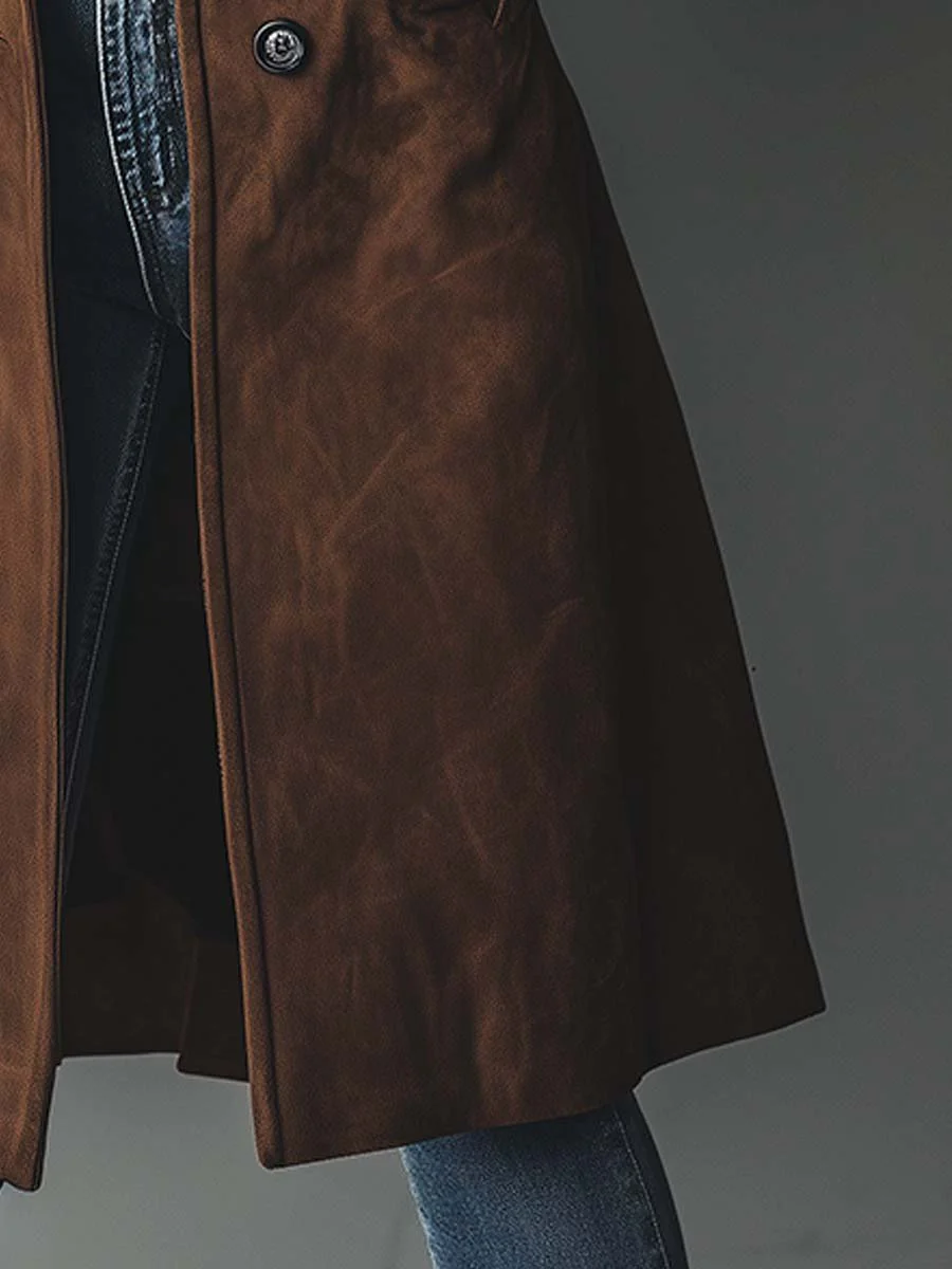 Trench élégant en suède marron Sienna de Danoir Paris, veste longue à la coupe sophistiquée et détails raffinés.
