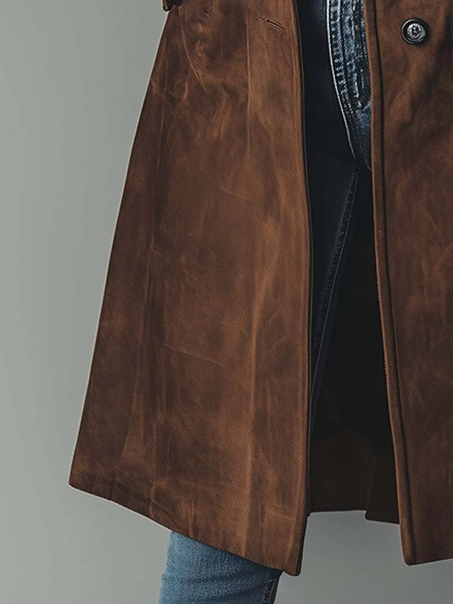 Manteau trench élégant en suède marron Sienna de Danoir Paris, style sophistiqué et finition raffinée.