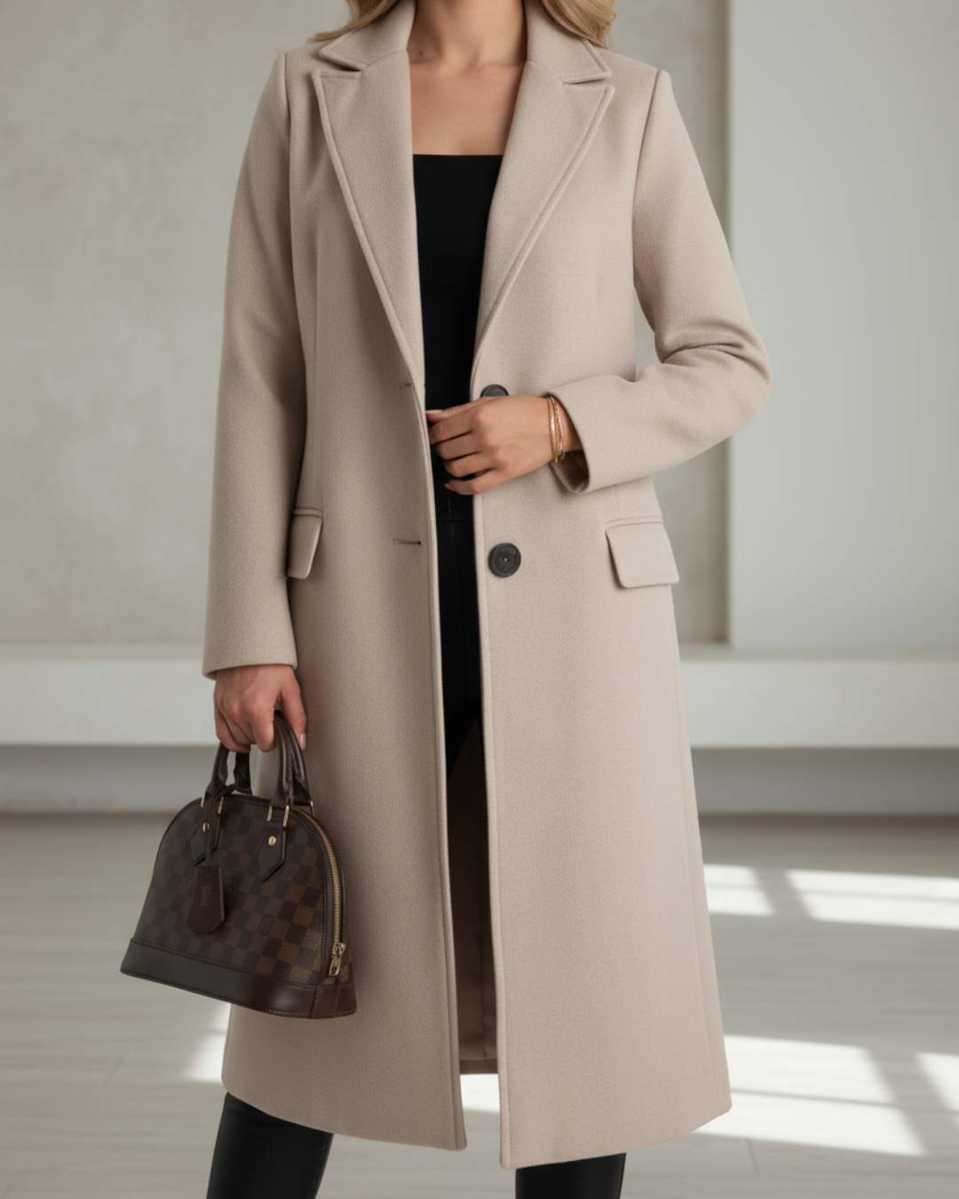 Manteau long gris Danoir Paris Taylor FR1528, élégant, en tissu chaud avec col chic et poches latérales.