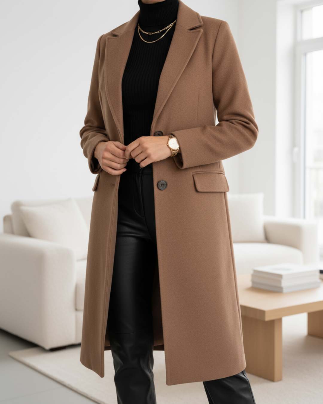 Manteau long élégant Danoir Paris FR1528 en gris, porté par un mannequin, finition sophistiquée, style chic et moderne.