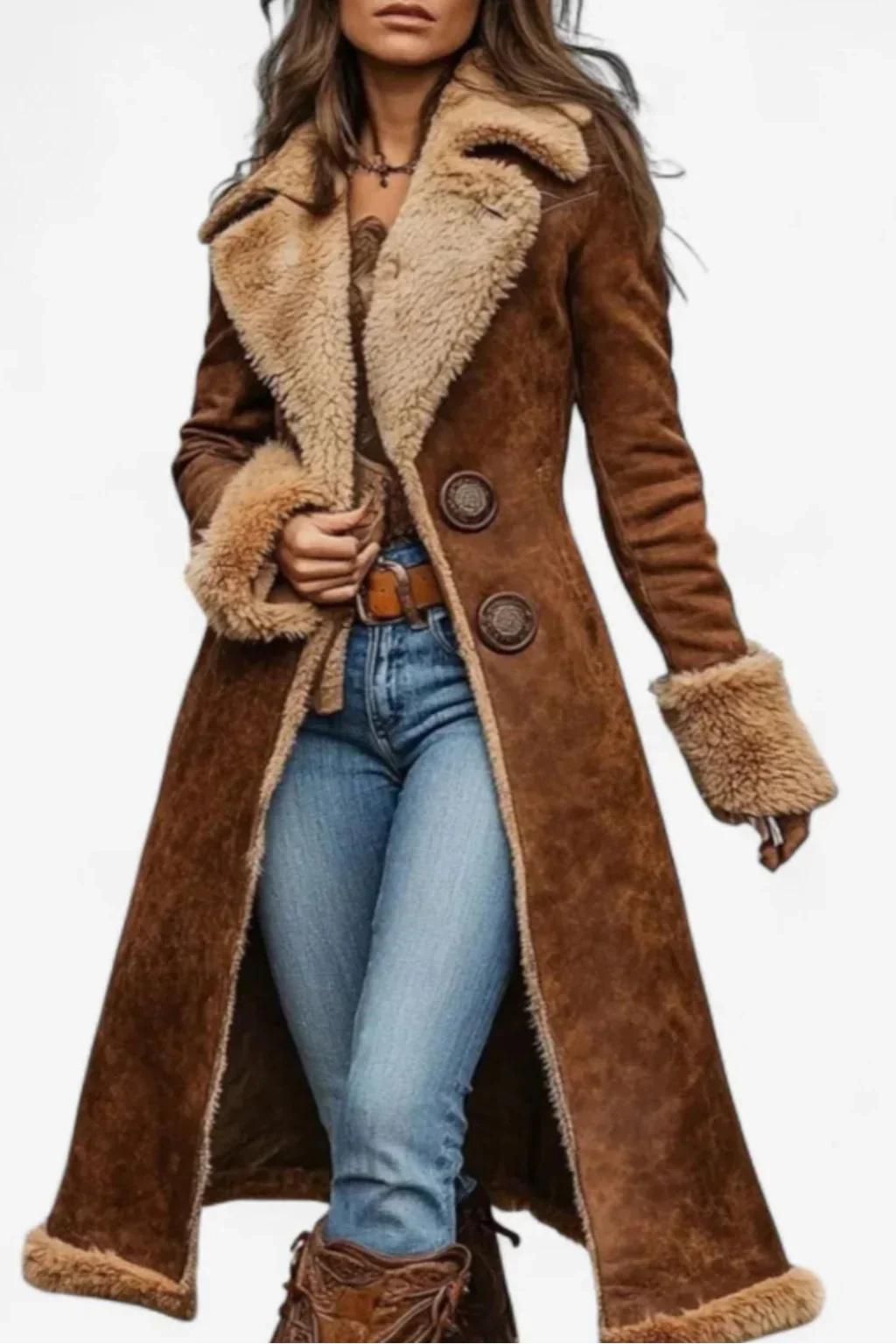 Manteau vintage élégant Edda de Danoir Paris, couleur neutre, porté par Noelle, vue de face, détails sophistiqués et coupe classique.