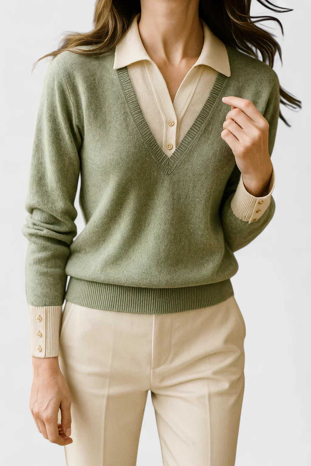 Pull chic en cachemire gris de Danoir Paris, modèle FR1558, porté de façon élégante, idéal pour un style sophistiqué.