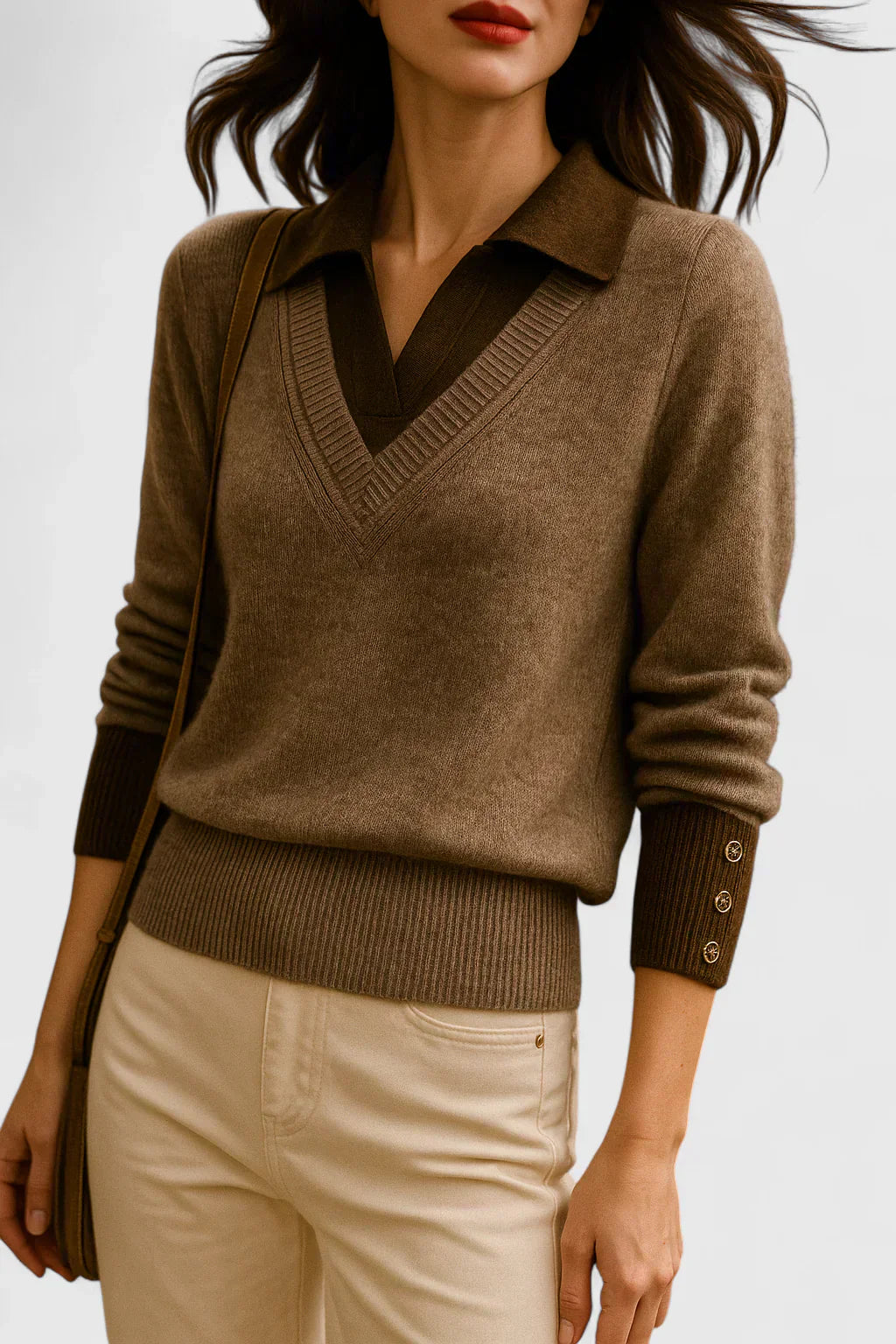 Pull chic en cachemire Danoir Paris, modèle FR1558, couleur élégante, porté avec col rond et manches longues.