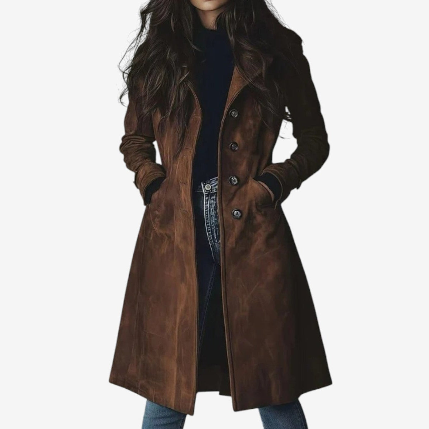 Manteau élégant automnal Danoir Paris FR1572 Sygrid en marron, vue de face, détails de la texture et du col.