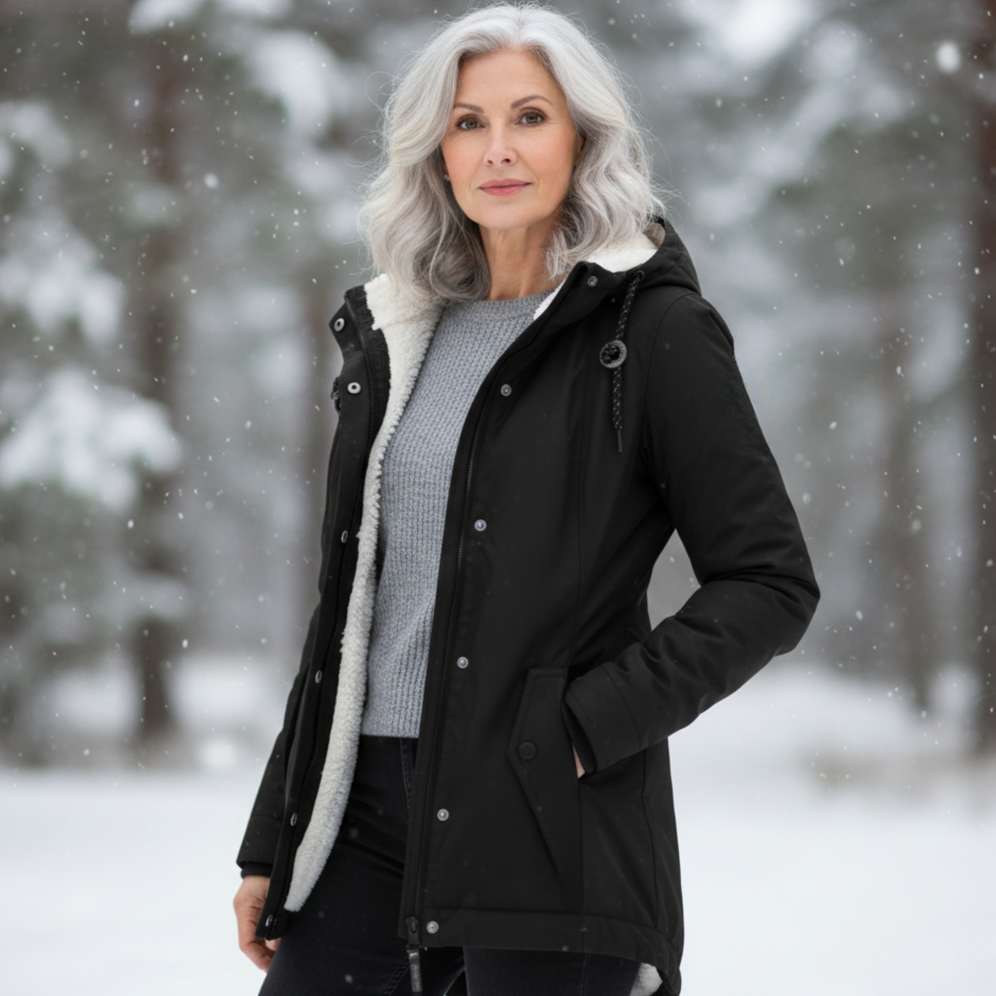 Veste hivernale élégante Danoir Paris Adeline, coupe ajustée, doublure chaude, couleur noire, détail de fermeture élégante.