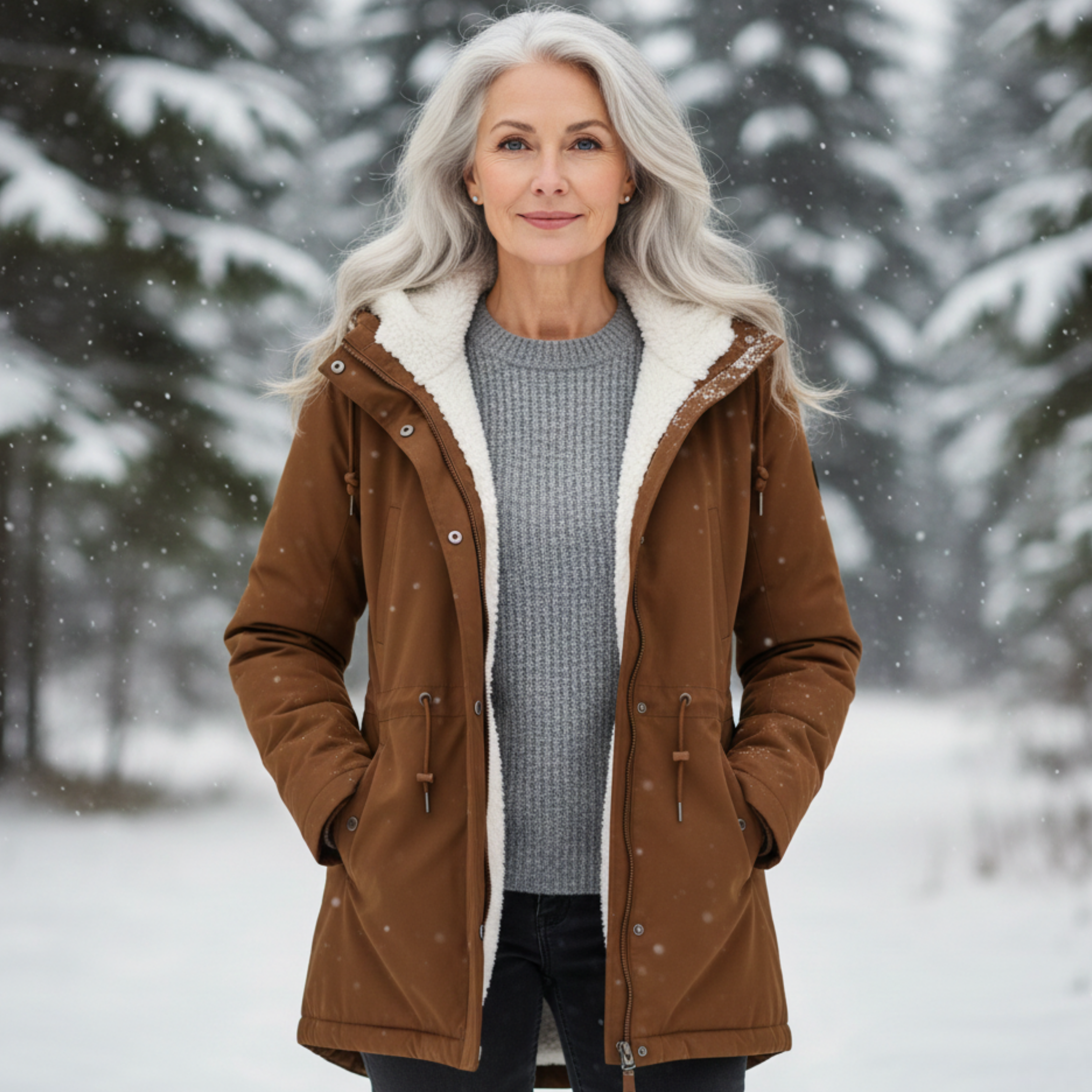 Veste hivernale élégante Adeline de Danoir Paris, en tissu chaud, avec col et fermeture, portée par un mannequin.
