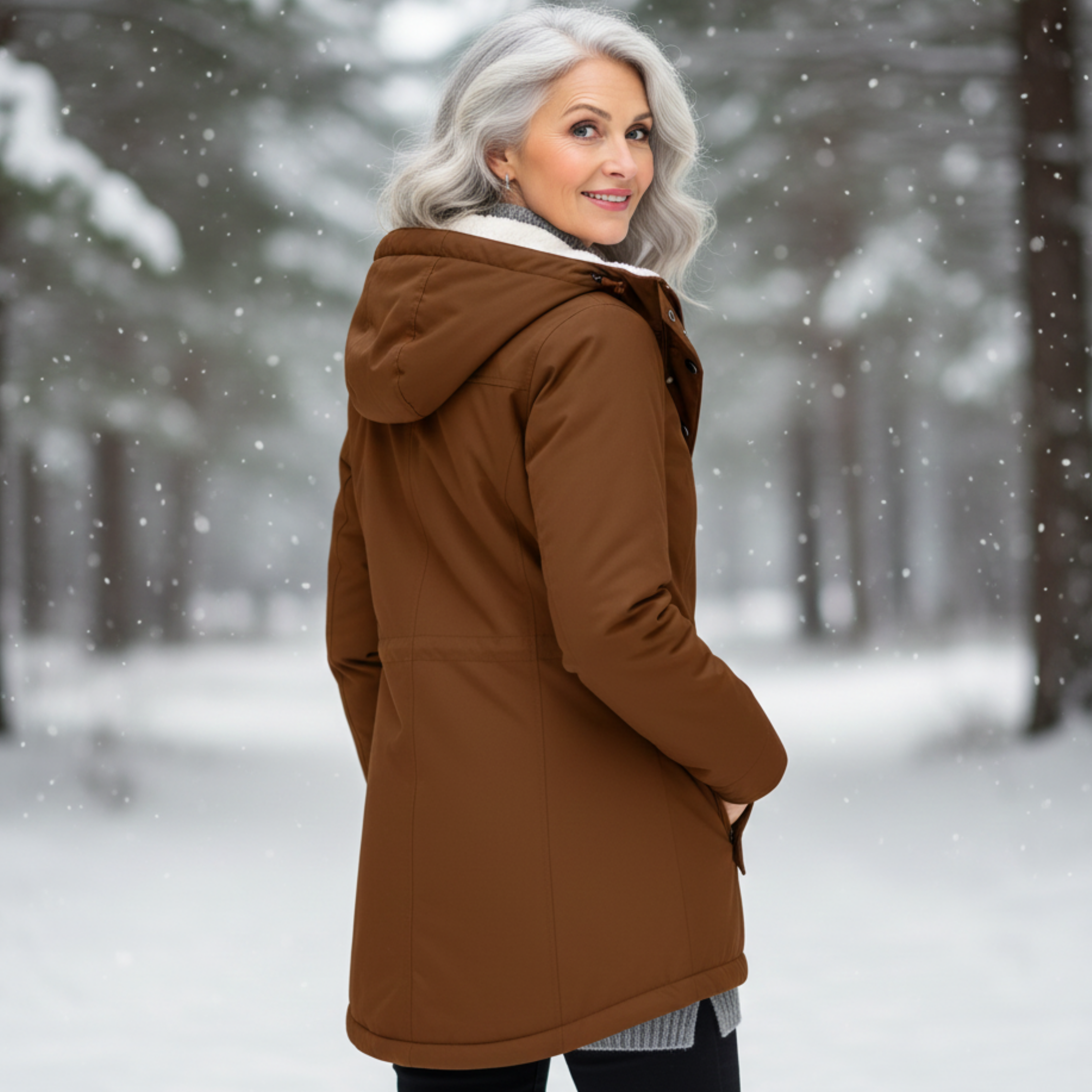 Veste élégante d'hiver Danoir Paris Adeline, coupe ajustée, tissu chaud, couleur neutre, détails sophistiqués.