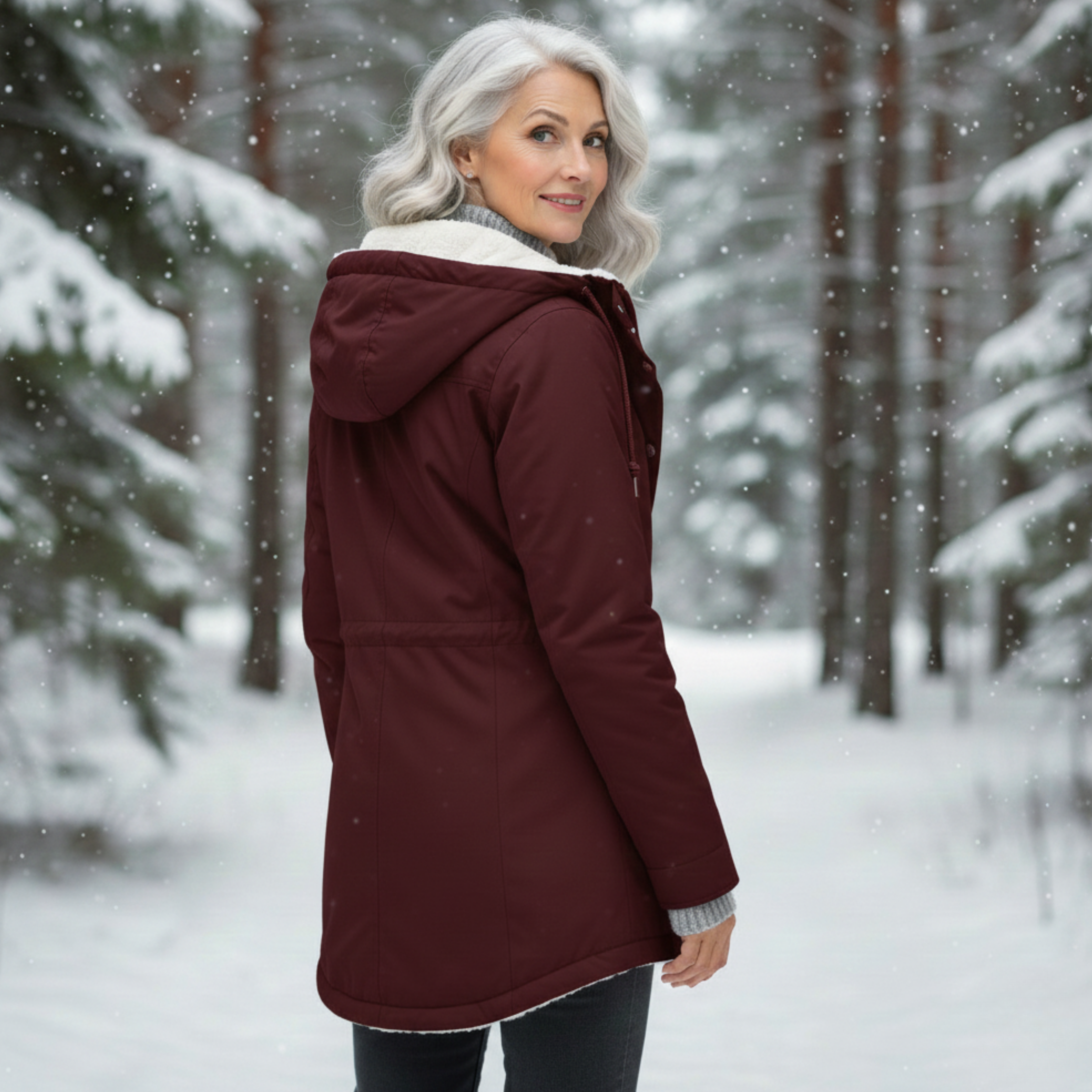 Veste hivernale élégante Danoir Paris Adeline en tissu chaud, coupe moderne et détails raffinés, vue de face.