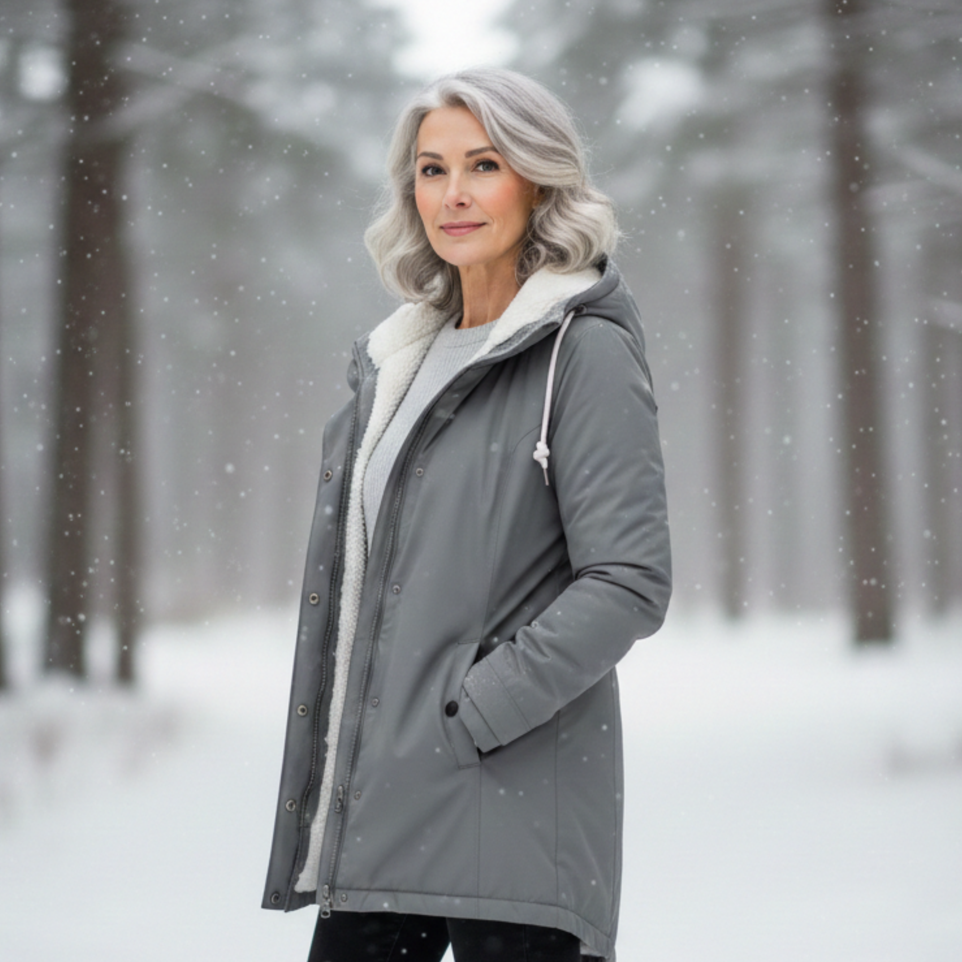 Veste élégante d'hiver Adeline de Danoir Paris, coupe classique, tissu chaud et doublé, couleur neutre, portée avec accessoires.