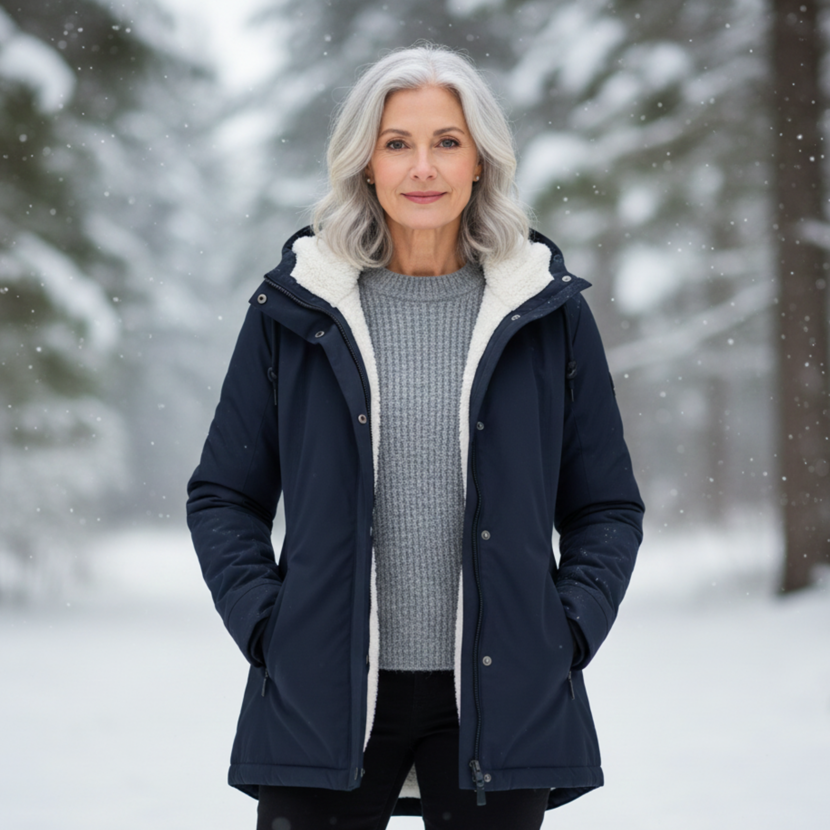 Veste élégante hivernale Adeline de Danoir Paris, en tissu chaud, avec col en fourrure et coupe cintrée, vue de face.
