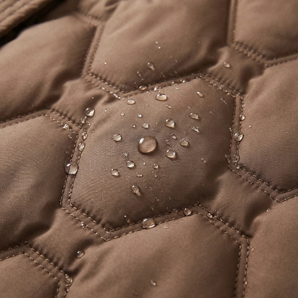 Manteau long imperméable rouge Lumière de Danoir Paris, style élégant pour la pluie, en tissu imperméable.