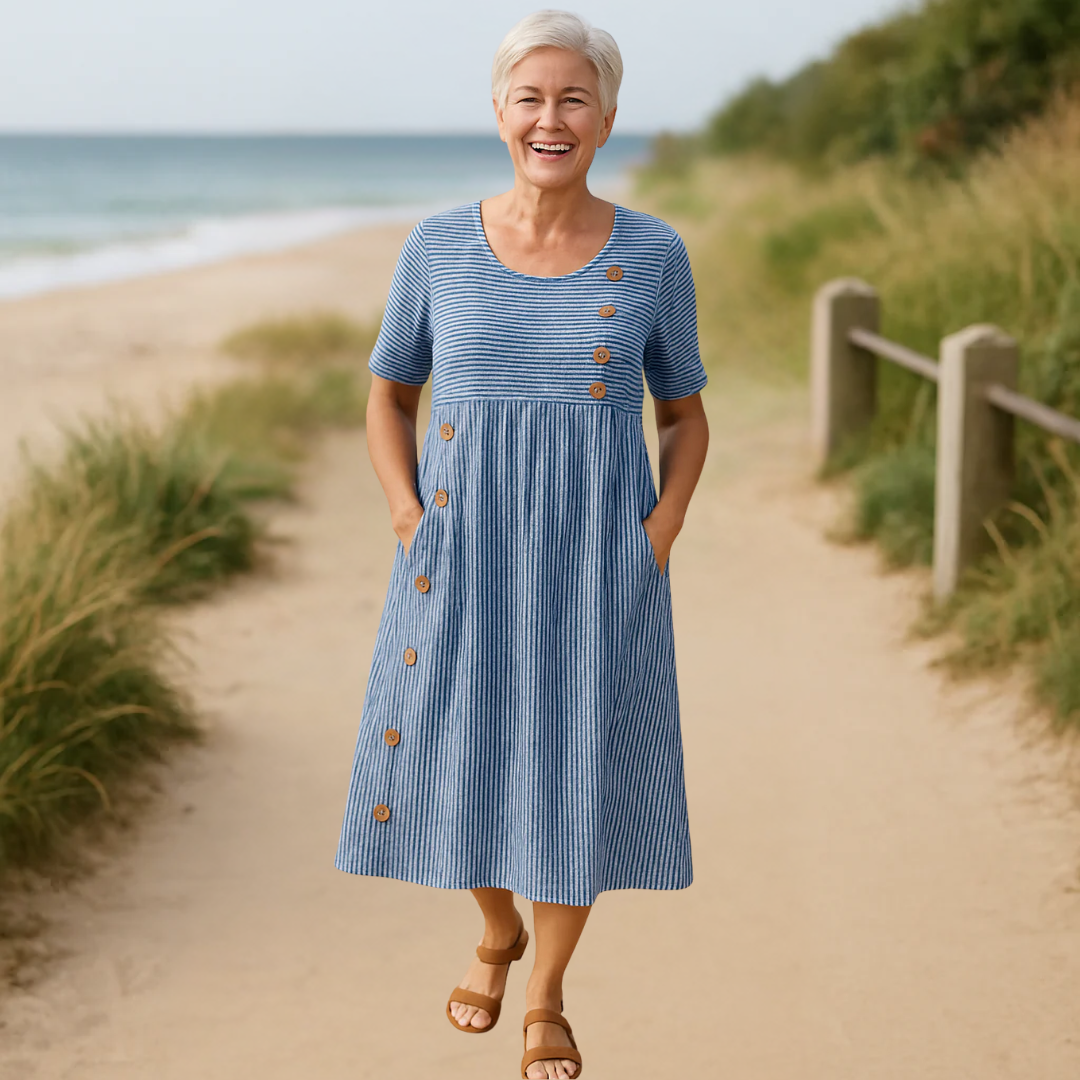 Robe midi rayée Danoir Paris Wanda, vêtement confortable en tissu doux, portée décontractée, style élégant et moderne.