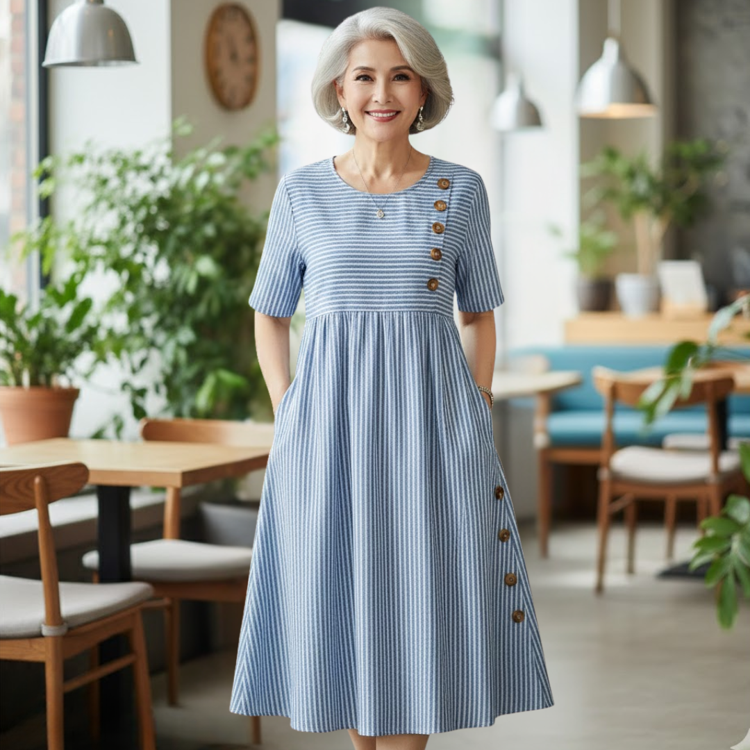 Robe midi rayée Danoir Paris Wanda en tissu confortable, portée sur un mannequin, style élégant et décontracté.