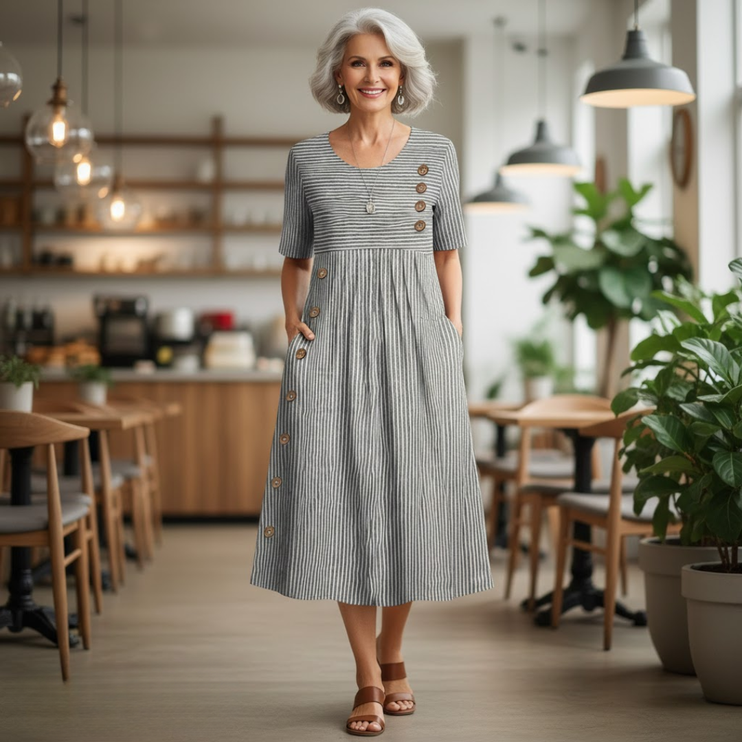 Robe midi rayée Danoir Paris Wanda, vêtement confortable à manches longues et coupe fluide, portée sur mannequin blanc.