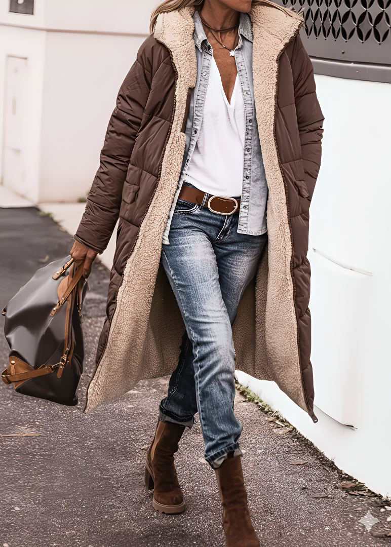 Manteau long réversible vert Danoir Paris Layla, élégant et chaud, porté en mode double face.