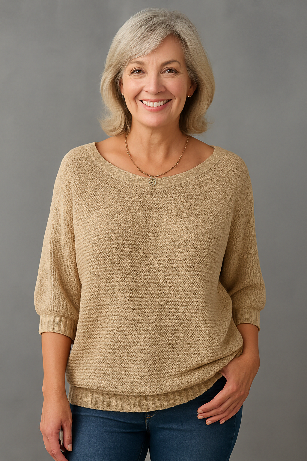 Pull élégant Linda de Danoir Paris, confort chic, en tissu doux, porté sur mannequin, couleur neutre, style moderne et féminin.