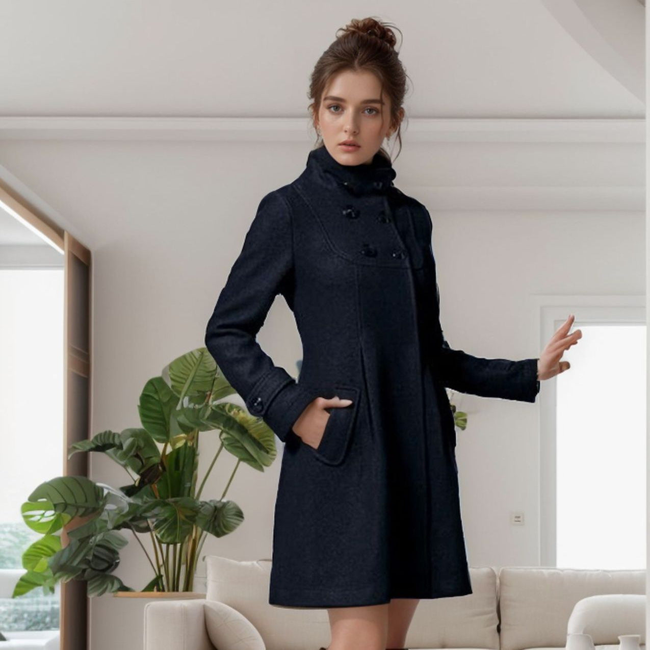Veste élégante à capuche Alice de Danoir Paris en tissu noir avec détails modernes, portée sur un mannequin.