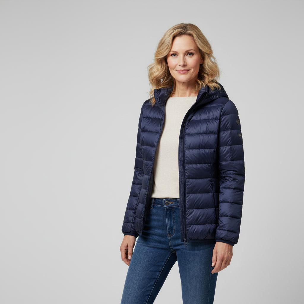 Veste élégante et légère Danoir Paris Karen FR831 en champagne, vue de face, tissu fluide et finition raffinée.
