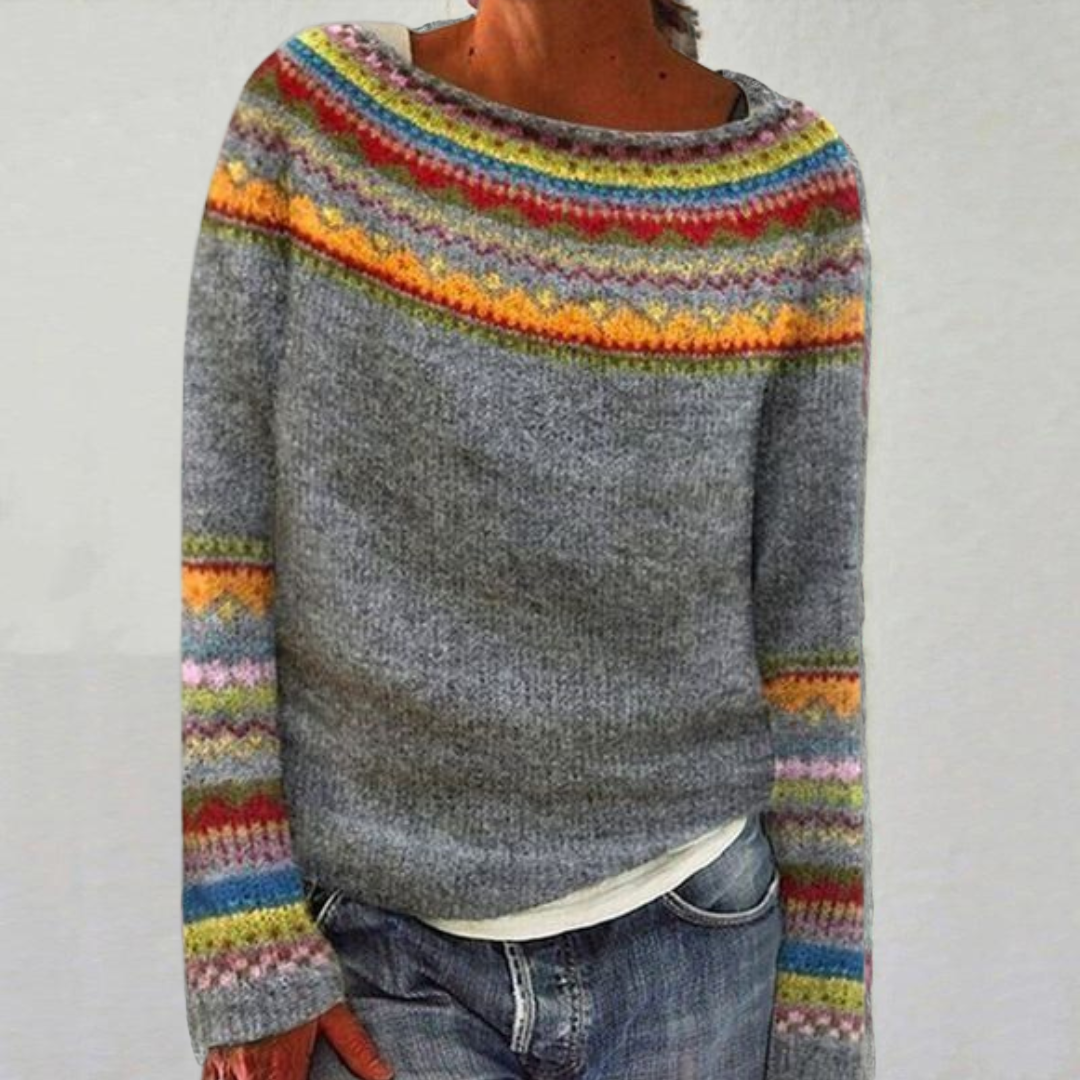 Pull rétro Heather Danoir Paris, chic, en maille douce avec col rond et manches longues, vue de face.