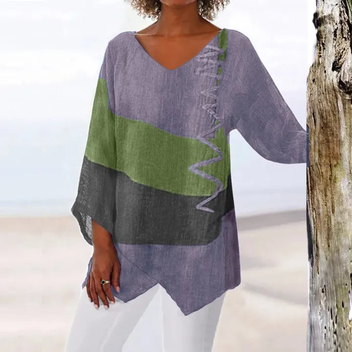 Tunique artistique élégante Leviana de Danoir Paris, tissu fluide avec motifs colorés, style sophistiqué et moderne.