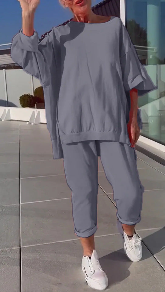 Ensemble loungewear oversize Frieda de Danoir Paris, vêtement confortable en tissu doux, vue de l'ensemble porté.