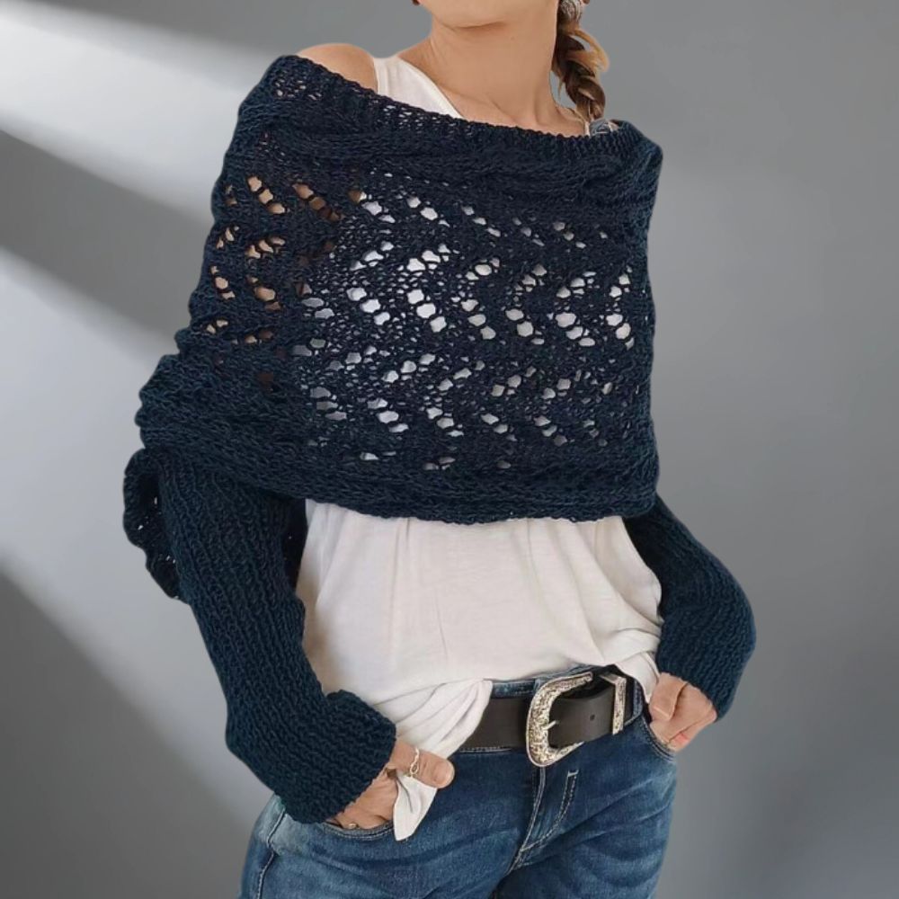 Châle tissé chaud WarmWrap™ de Danoir Paris, élégant et doux, porté enroulé pour un look sophistiqué et confortable.